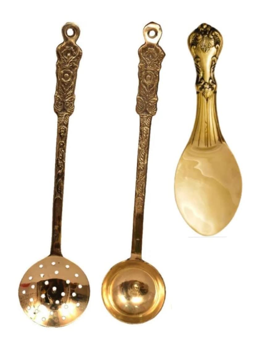 bona Fide Pure Brass Spoon golchi Spoon,palta Spoon,and Rice Serving Spoon,Set of 3 Cooking and Serving Spoon